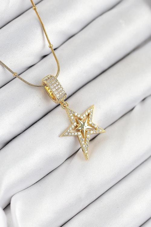 316L Çelik Zirkon Taşlı Yıldız Model Gold Renk Kadın Kolye