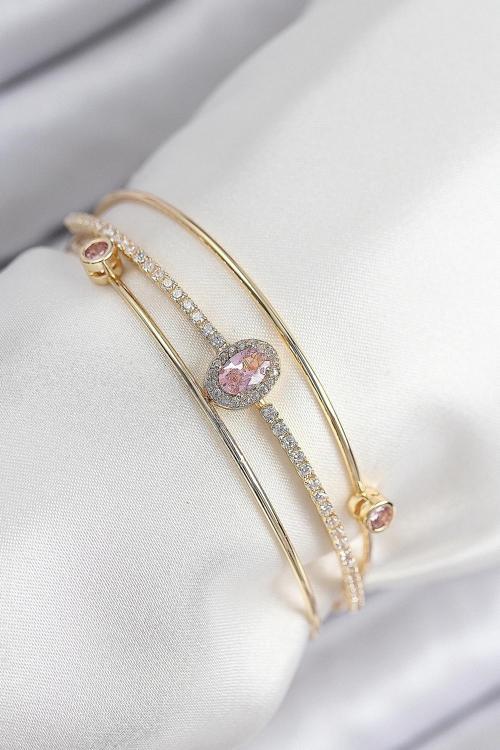 Pirinç Zirkon Taşlı Baget Model Gold Renk Kadın Bileklik