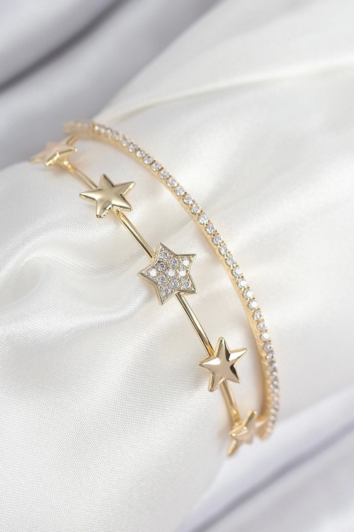 Pirinç Zirkon Taşlı Yıldız Model Gold Renk Kadın Bileklik