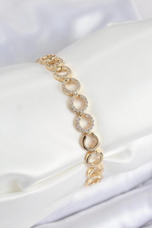 Pirinç Zirkon Taşlı Sıralı Halka Model Gold Renk Kadın Bileklik