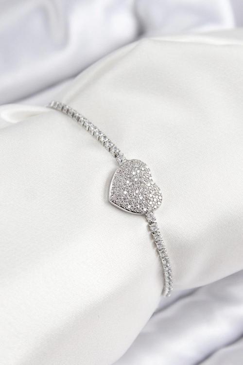 Pirinç Zirkon Taşlı Kalp Model Gümüş Renk Asansörlü Kadın Bileklik