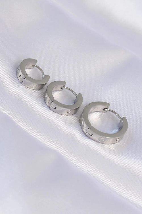 316L Çelik Gümüş Renk Zirkon Taşlı Model 3lü Halka Küpe