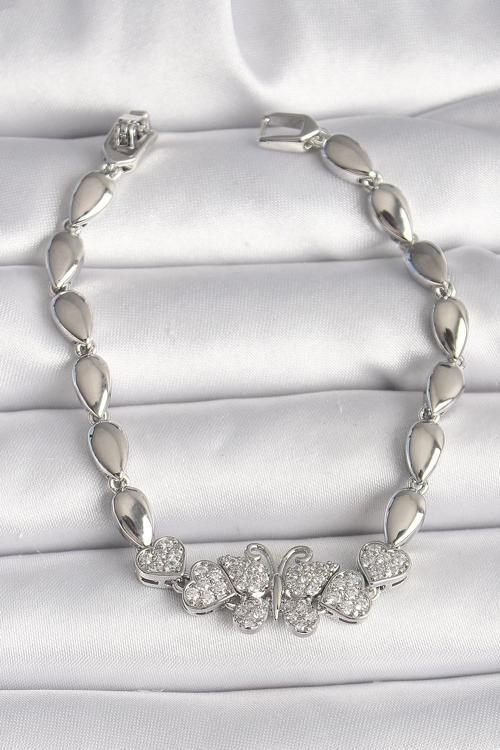Pirinç Gümüş Renk Zirkon Taşlı Kelebek Figür Damla Zincir Model Kadın Bileklik