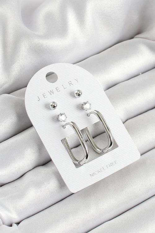 Pirinç Zirkon Taş Ve Dikdörtgen Figürlü Gümüş Renk 3'lü Çift Kadın Küpe Set