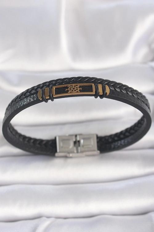 316L Çelik Gold Renk Gemi Dümeni Aksesuarlı Çift Sıra Burgu Desenli Deri Kordon Erkek Bileklik