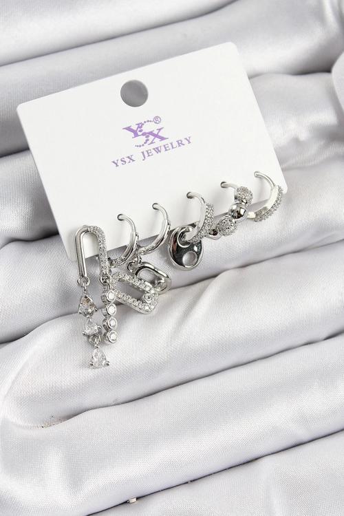 Pirinç Zİrkon Taşlı Dikdörtgen Model Gümüş Renk 3'lü Çift Kadın Küpe