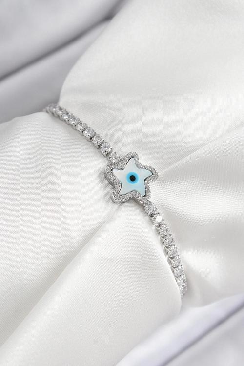 Pirinç Zirkon Taşlı Nazar Yıldız Model Gümüş Renk Asansörlü Kadın Bileklik