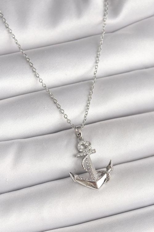 316L Çelik Gümüş Renk Zincir Zirkon Taş Detaylı Çapa Model Kadın Kolye