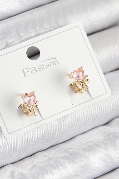 Pirinç Zirkon Taşlı Fiyonklu Kalp Model Gold Renk Çocuk Küpe