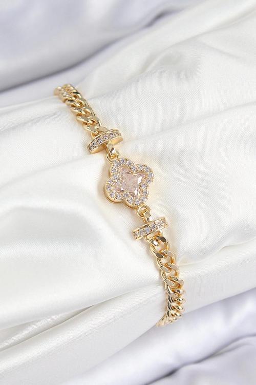 Pirinç Zirkon Taşlı Yonca Model Gold Renk Kadın Bileklik