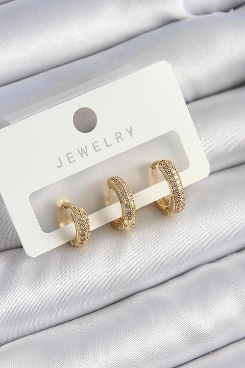 Pirinç Zirkon Taşlı Yıldız Model Gold Renk 3'lü Çift Kadın Küpe Set