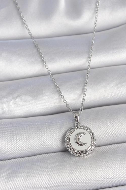 316L Çelik Gümüş Renk Zincir Beyaz Mineli Hilal İşlemeli Madalyon Model Kadın Kolye