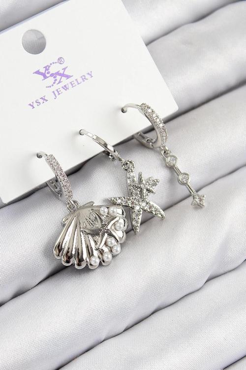 Pirinç Zirkon Taşlı 3'lü Yıldız Ve İstiridye Model Gümüş Renk Kadın Küpe