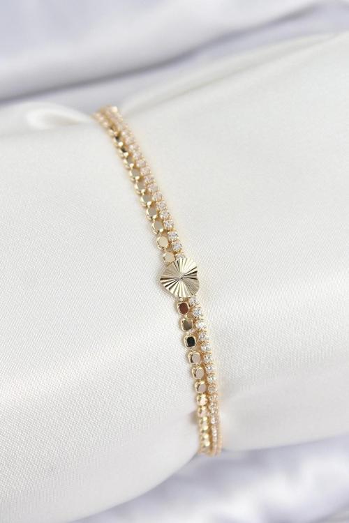 Pirinç Zirkon Taşlı Ezme Zincirli Kalp Model Gold Renk Kadın Bilekilk