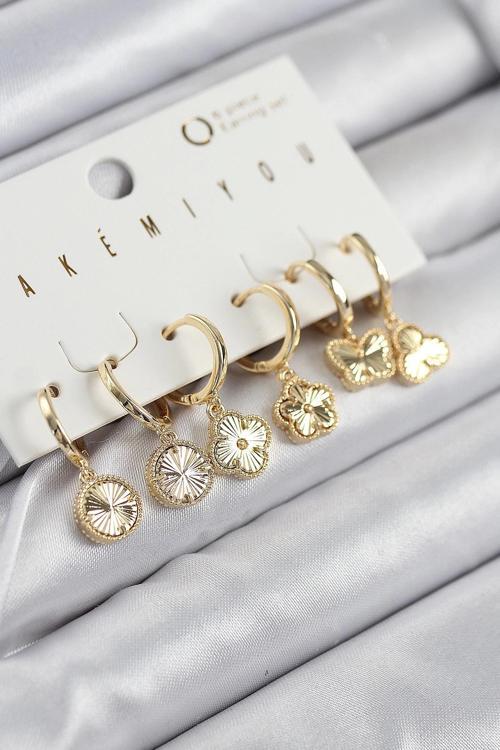 Pirinç Zirkon Taşlı Yonca Model Gold Renk 6'lı Küpe Set