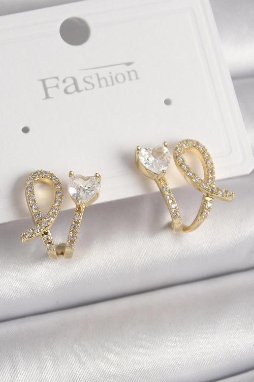 Pirinç Gold Renk Düğüm Model Zirkon Taşlı Kalp Detay Kadın Küpe