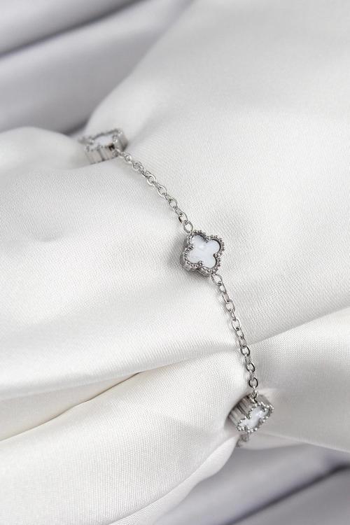 316L Çelik Beyaz Sedef Yonca Model Gümüş Renk Kadın Bileklik