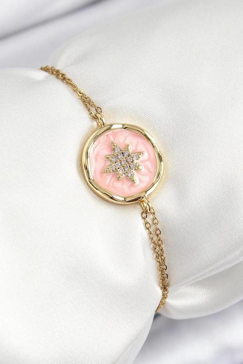 316L Çelik Zincir Pembe Mineli Sanatsal Portre Kuzey Yıldızı Model Gold Renk Kadın Bileklik