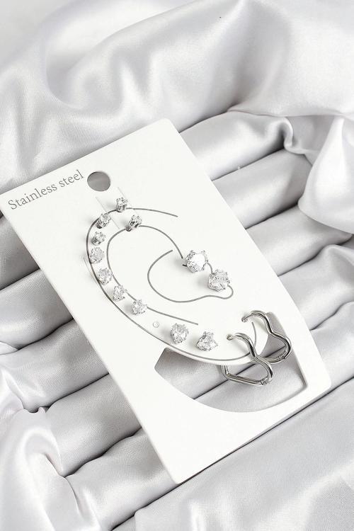 316L Çelik Kalp Figürlü Ve Zirkon Taşlı Gümüş Renk 7'li Çift Kadın Küpe Set