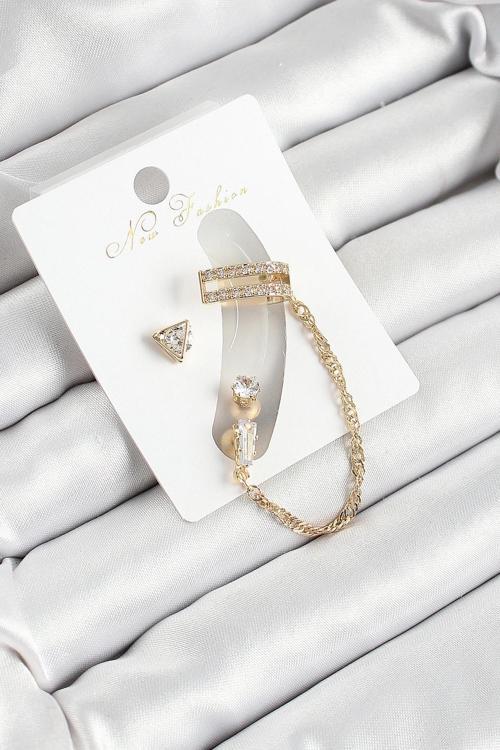 Pirinç Üçgen Figürlü Zirkon Taşlı Gold Renk 3'lü Kıkırdak Kadın Küpe Set