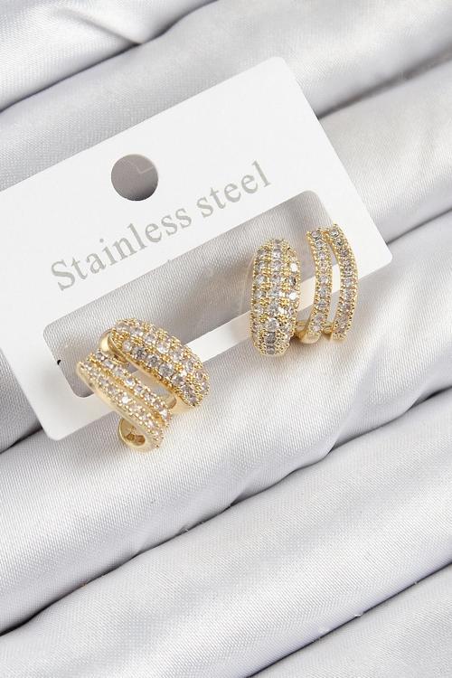 Pirinç Zirkon Taşlı Kıvrımlı Model Gold Renk Kadın Küpe