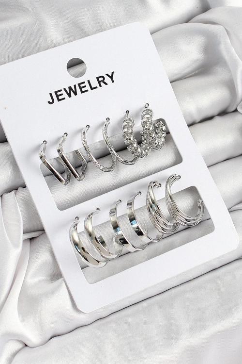Pirinç Karışık Halka Model Gümüş Renk 6 Çift Kadın Küpe Set