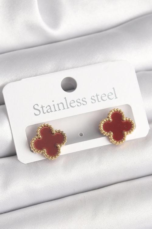 Pirinç Gold Renk Bordo Yonca Model Kadın Küpe