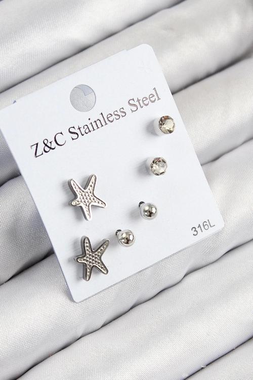 316L Çelik Zirkon Taşlı Deniz Yıldızı Model Gümüş Renk Kadın Set Küpe