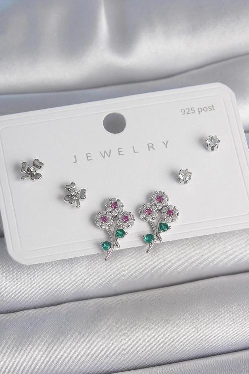 Pirinç Gümüş Renk Renkli Zirkon Taşlı Çiçek Model Yaprak Detay 925 Ayar Gümüş Çivi Kadın Küpe Seti