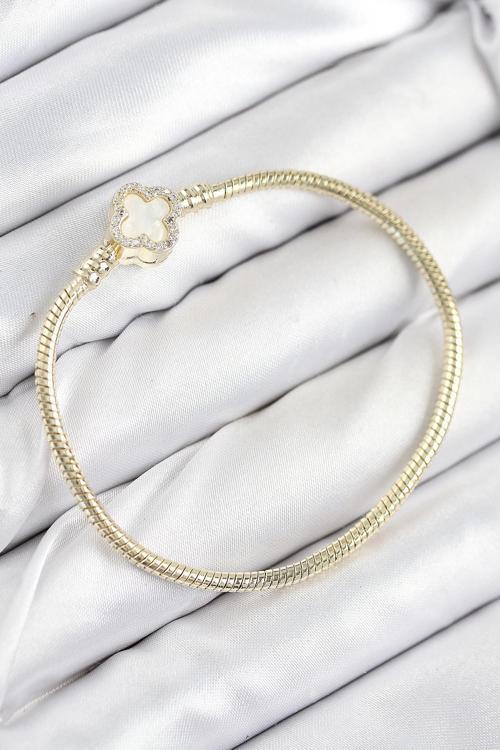 Pirinç Charm Zirkon Taşlı Yonca Model Gold Renk Kadın Bileklik