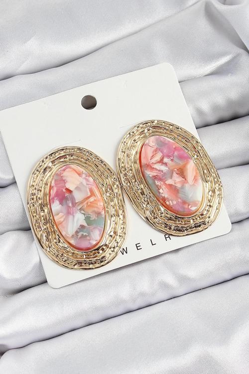 Pirinç Mermer Desenlli Pembe Sedef Oval Vintage Model Gold Renk Kadın Küpe