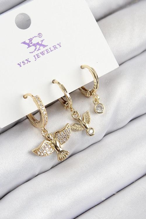 Pirinç Zirkon Taşlı 3'lü Kuş Model Gold Renk Kadın Küpe