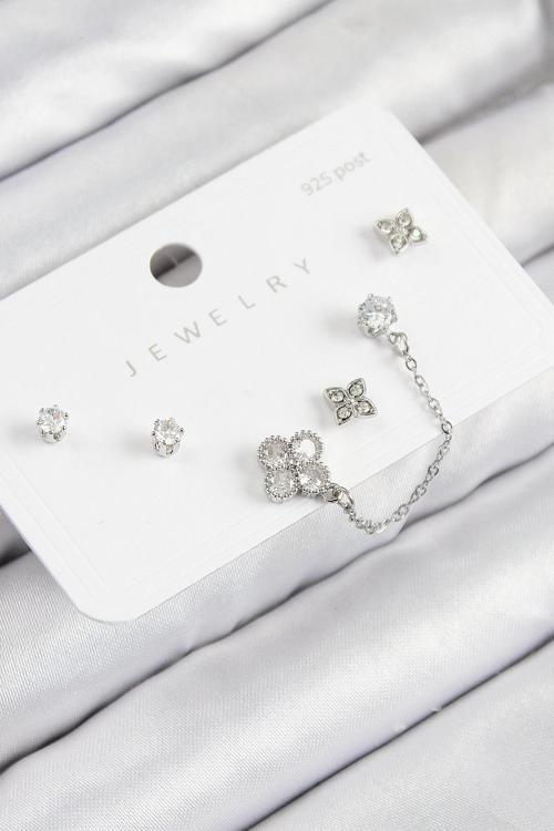 Pirinç Zirkon Taşlı Yonca Model Gümüş Renk 925 Ayar Gümüş Çivi Kadın Küpe Set