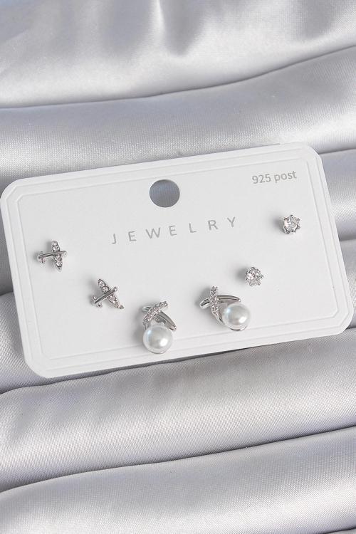 Pirinç Gümüş Renk Zirkon Taşlı Kelebek Model İnci Detay 925 Ayar Gümüş Çivi Kadın Küpe Seti