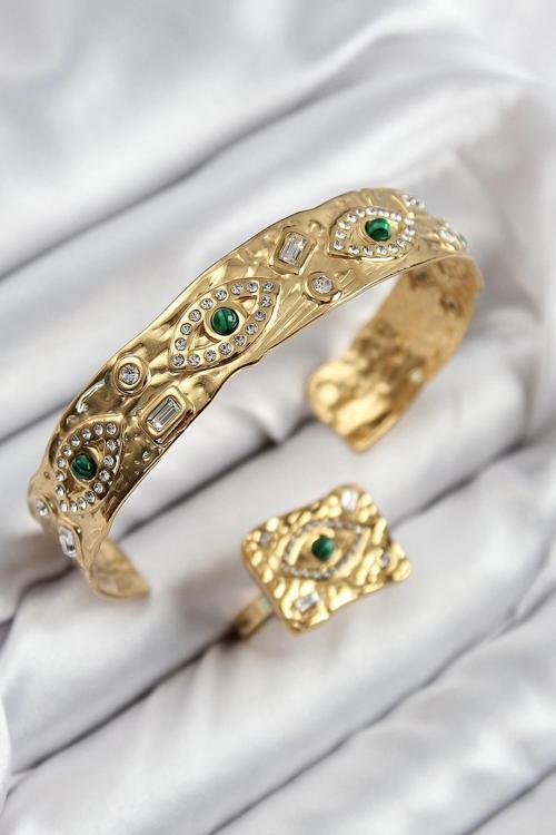 Pirinç Zirkon Taşlı Göz Model Gold Renk Bileklik Yüzük Set