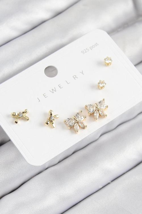 Pirinç Zirkon Taşlı Fiyonk Model Gold Renk 925 Ayar Gümüş Çivi Kadın Küpe Set