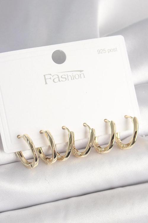 925 Ayar Gümüş Çivi Pirinç Gold Renk Oval Halka Model Kadın Küpe Seti