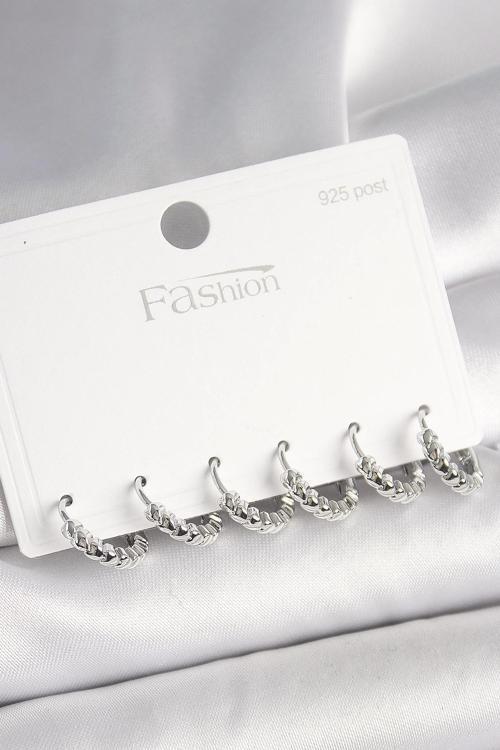 925 Ayar Gümüş Çivi Pirinç Gümüş Renk Kalp İşlemeli Halka Model Kadın Küpe Seti