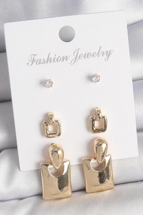 Pirinç Gold Renk Zirkon Taşlı Sallantılı Kare Model 3 Çift Kadın Küpe Seti
