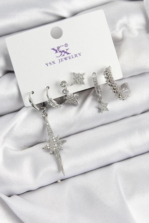 Pirinç Zİrkon Taşlı Kutup Yıldızı Model Gümüş Renk 3'lü Çift Kadın Küpe