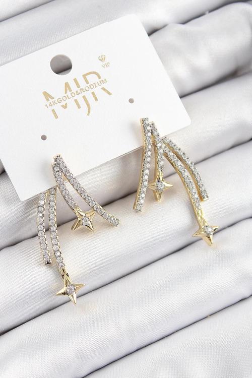 Pirinç Zirkon Taşlı Kayan Yıldız Model Gold Ve Gümüş Renk Kadın Küpe