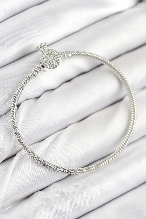 Pirinç Charm Zirkon Taşlı Taç Model Gümüş Renk Kadın Bileklik