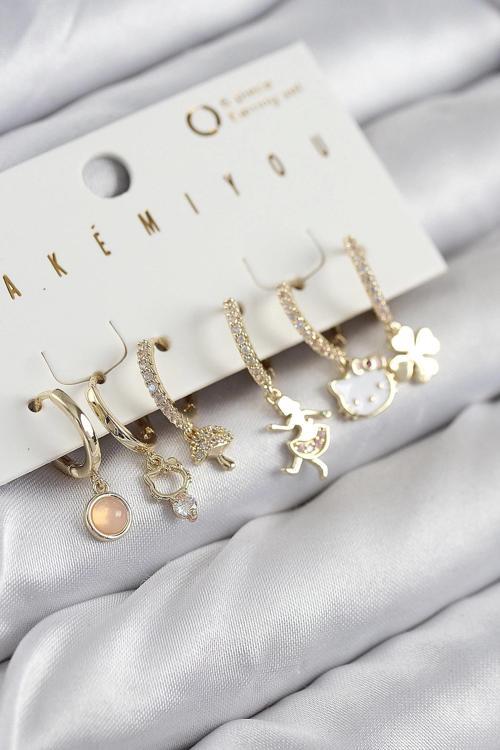 Pirinç Zirkon Taşlı Hello Kity Ve Yonca Model Gold Renk 6'lı Küpe Set