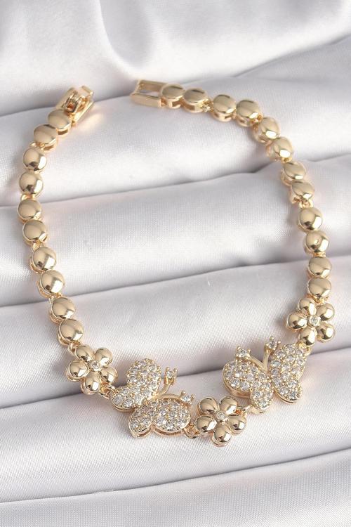 Pirinç Gold Renk Zirkon Taşlı Kelebek Figür Çiçek Zincir Model Kadın Bileklik