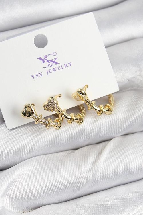 Pirinç Zİrkon Taşlı Kalp Model Gold Renk 3'lü Kadın Küpe