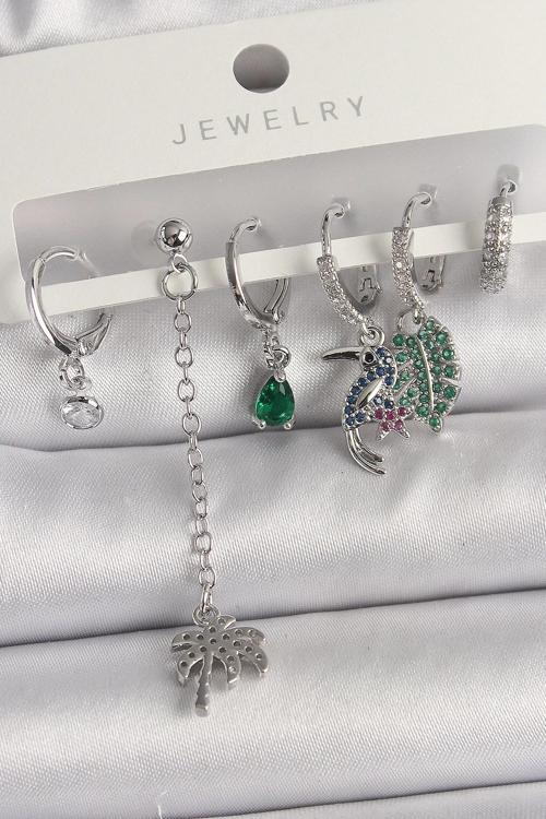 Pirinç Gümüş Renk Sallantı Zirkon Taşlı Ağaç Figür Çoklu Kadın Küpe Seti