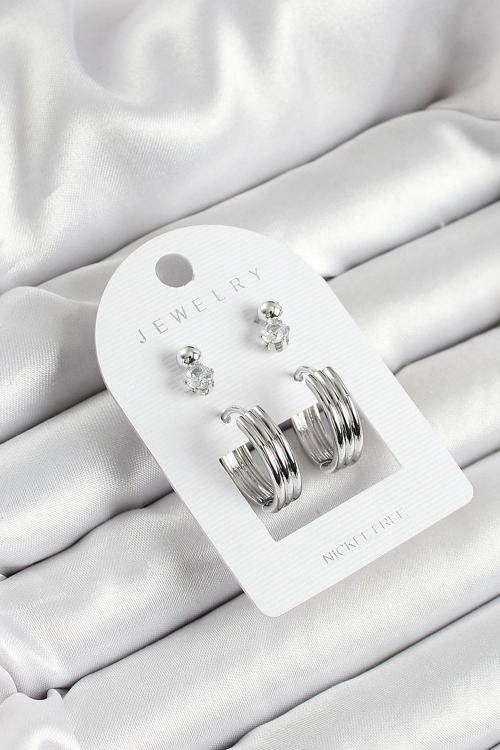 Pirinç Zirkon Taş Ve Halka Figürlü Gümüş Renk 3'lü Çift Kadın Küpe Set