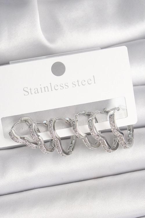 Pirinç Gümüş Renk Zirkon Taşlı 3 Çift Kalp Model Kadın Küpe