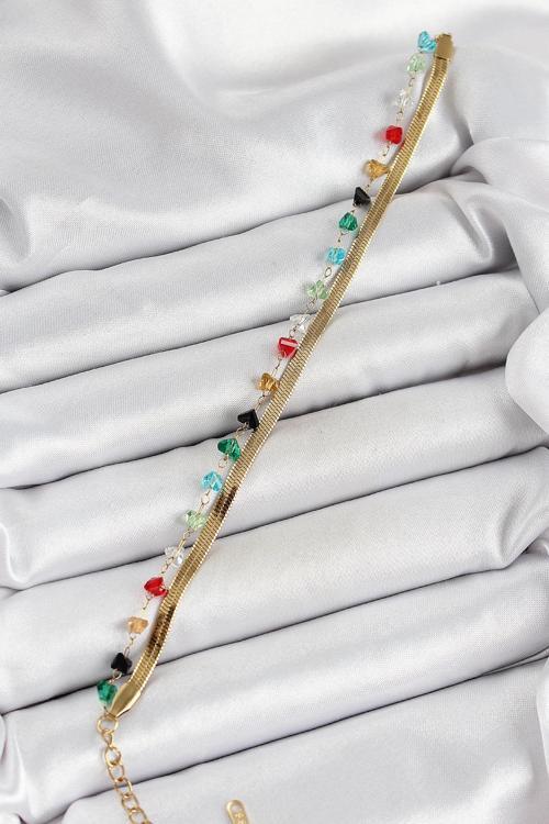 316L Çelik Gold Renk Kristal Karışık Renkli Taşlı 2'li Kadın Bileklik