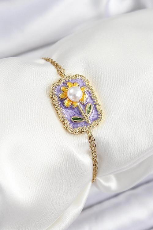 316L Çelik Zincir Mor Mineli Sanatsal Portre İnci Detaylı Papatya Model Gold Renk Kadın Bileklik